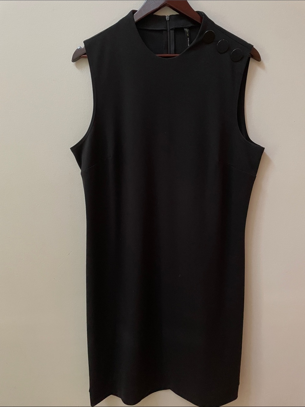 Sleeveless Black Midi Shift Dress with Shoulder Button Detail